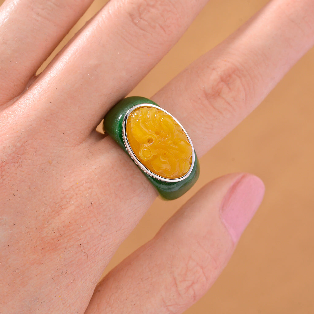 D'Joy Honey Jade & Green Jade Flower Ring in Rhodium Overlay Sterling Silver 46.07 Ct._8260735_2