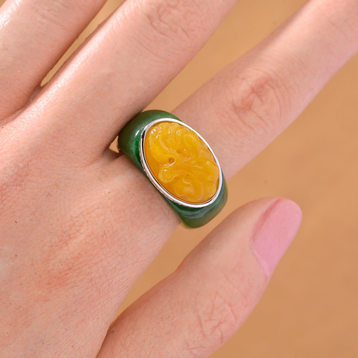 D'Joy Honey Jade &amp; Green Jade Flower Ring in Rhodium Overlay Sterling Silver 46.07 Ct. 8260736 2