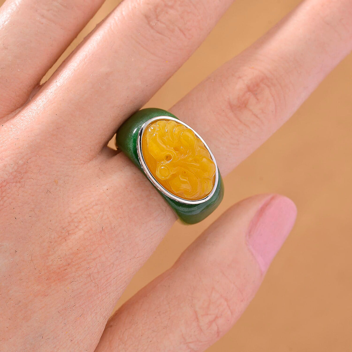 D'Joy Honey Jade &amp; Green Jade Flower Ring in Rhodium Overlay Sterling Silver 46.07 Ct. 8260736 3