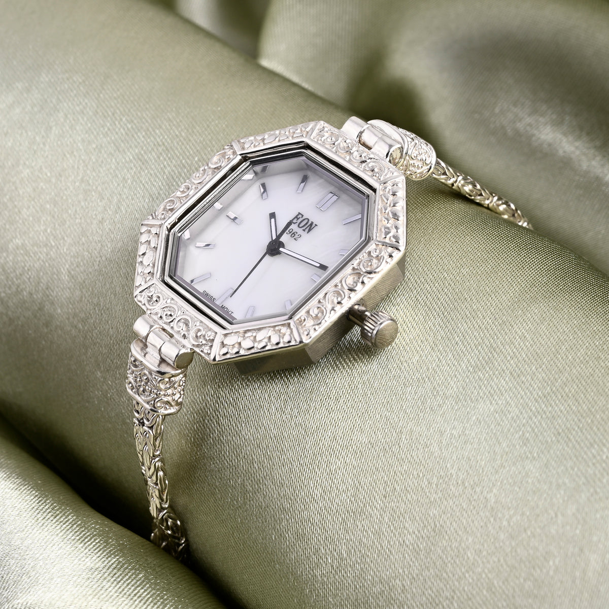 D'Joy Sterling Silver Octagonal Swiss Movement Dial Watch Borobudur Chain Bracelet (Size 6.5) Silver Wt. 16.00 Gms. 8261301 1