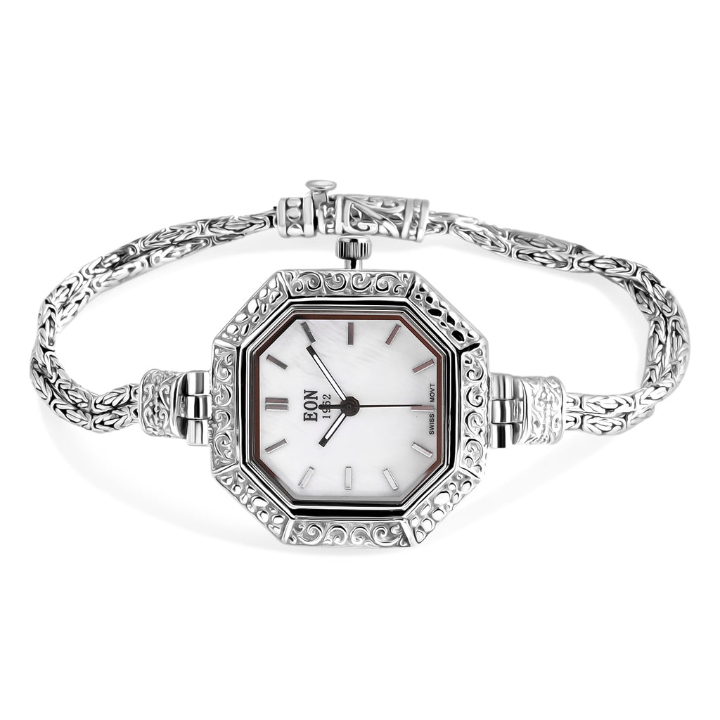 Royal Bali Collection - D'Joy Sterling Silver Octagonal Swiss Movement Dial Watch Borobudur Chain Bracelet (Size 6.5) Silver Wt. 16.00 Gms._8261301_3