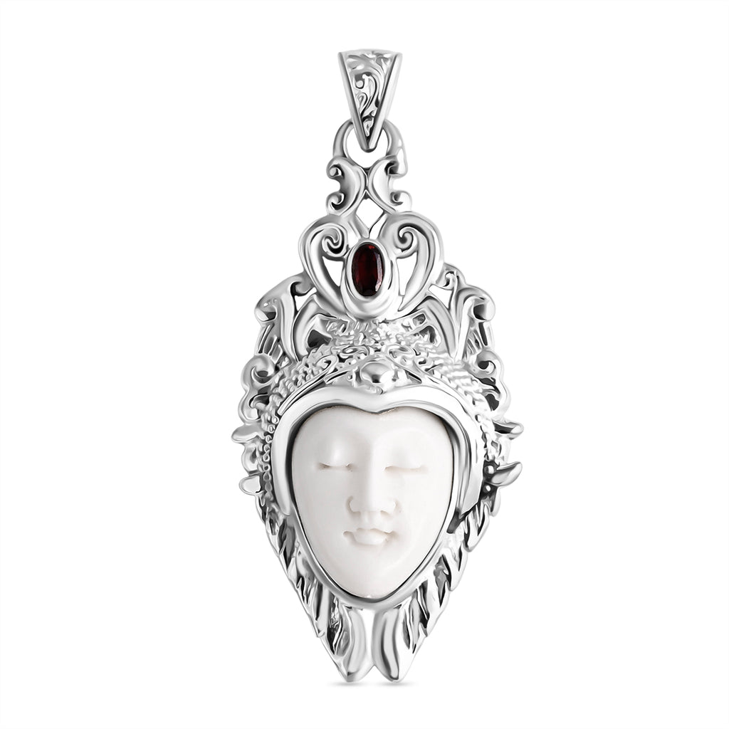 Royal Princess Bali Collection - Ox Bone & Red Garnet Goddess Pendant in Sterling Silver 6.18 Ct, Silver Wt. 11.31 Gms_8261479