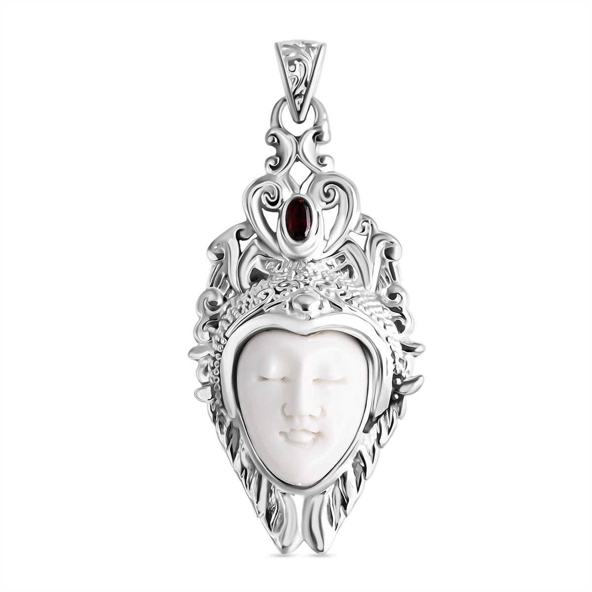 Royal Princess Bali Collection - Ox Bone &amp; Red Garnet Goddess Pendant in Sterling Silver 6.18 Ct, Silver Wt. 11.31 Gms V32535354 0
