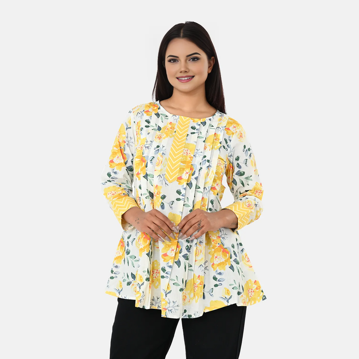 &amp; Maisi Cotton Printed Top (Size - Large) - Yellow V32611998 0
