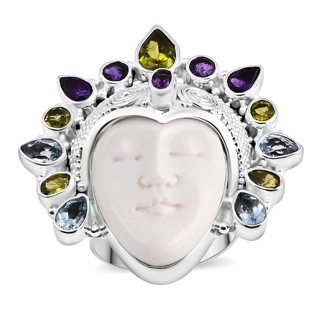 D'Joy Ox Bone, Peridot, Swiss Blue Topaz & African Amethyst Ring Sterling Silver 20.20 Ct, Silver Wt. 22.00 Gms._8261565