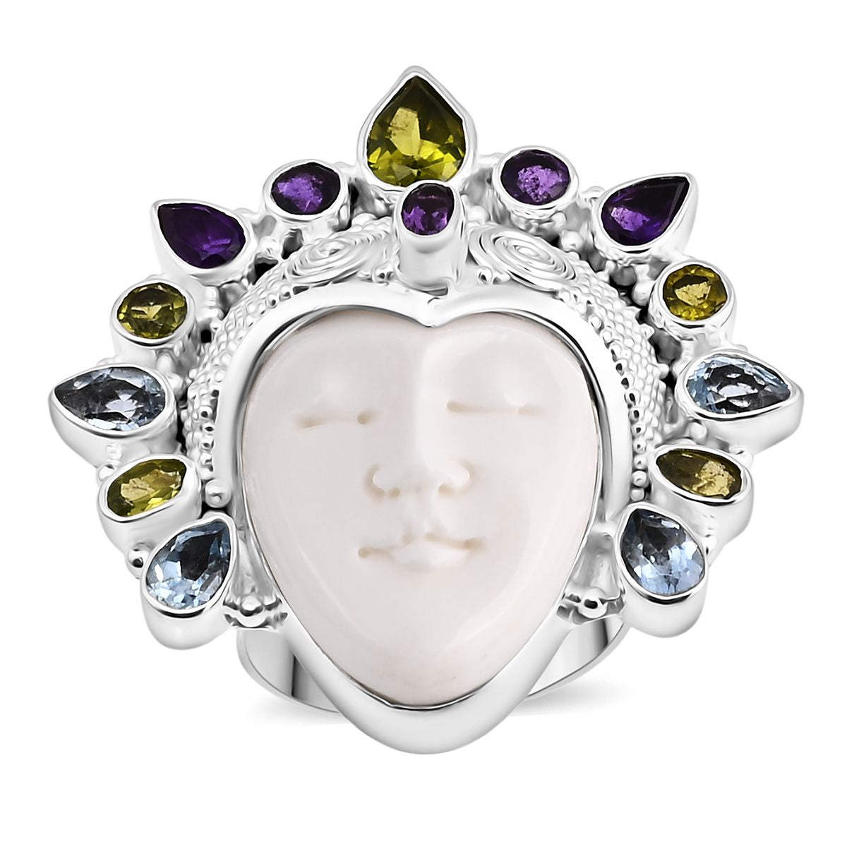 Bali Legacy - Peridot, Swiss Blue Topaz &amp; African Amethyst Goddess Ring in Sterling Silver 20.20 Ct, Silver Wt. 22.00 Gms. 8261565 0
