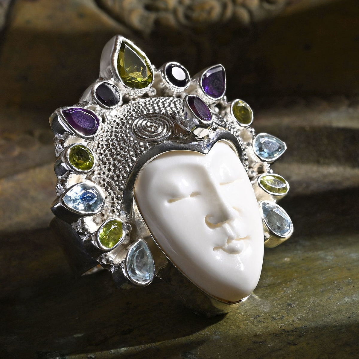 Bali Legacy - Peridot, Swiss Blue Topaz &amp; African Amethyst Goddess Ring in Sterling Silver 20.20 Ct, Silver Wt. 22.00 Gms. 8261569 1