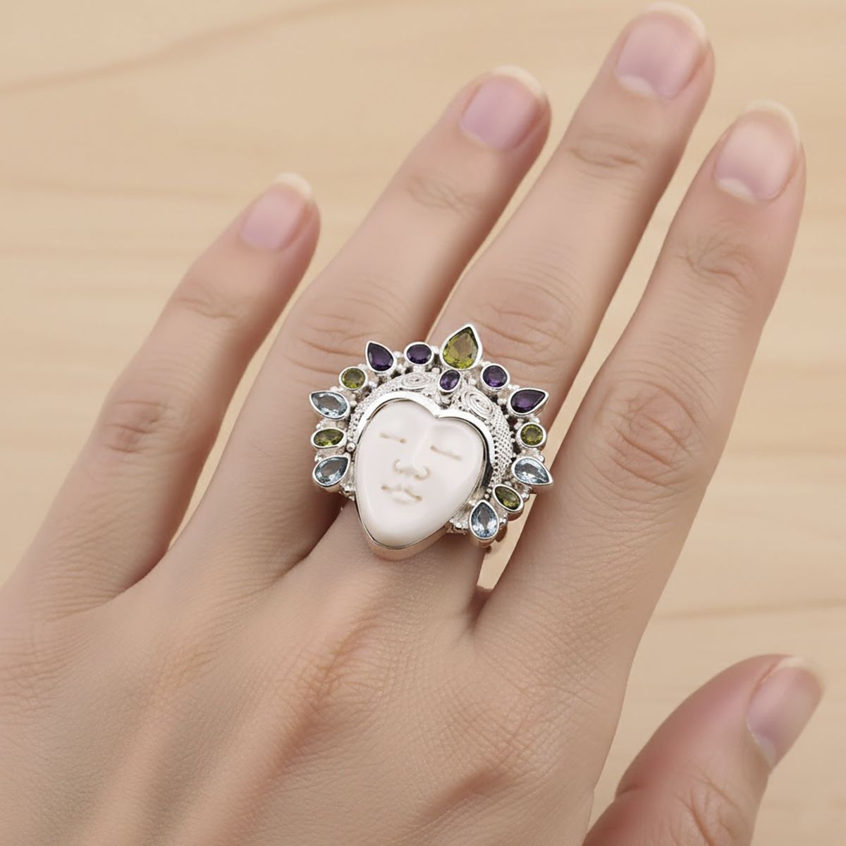 Bali Legacy - Peridot, Swiss Blue Topaz &amp; African Amethyst Goddess Ring in Sterling Silver 20.20 Ct, Silver Wt. 22.00 Gms. 8261569 2