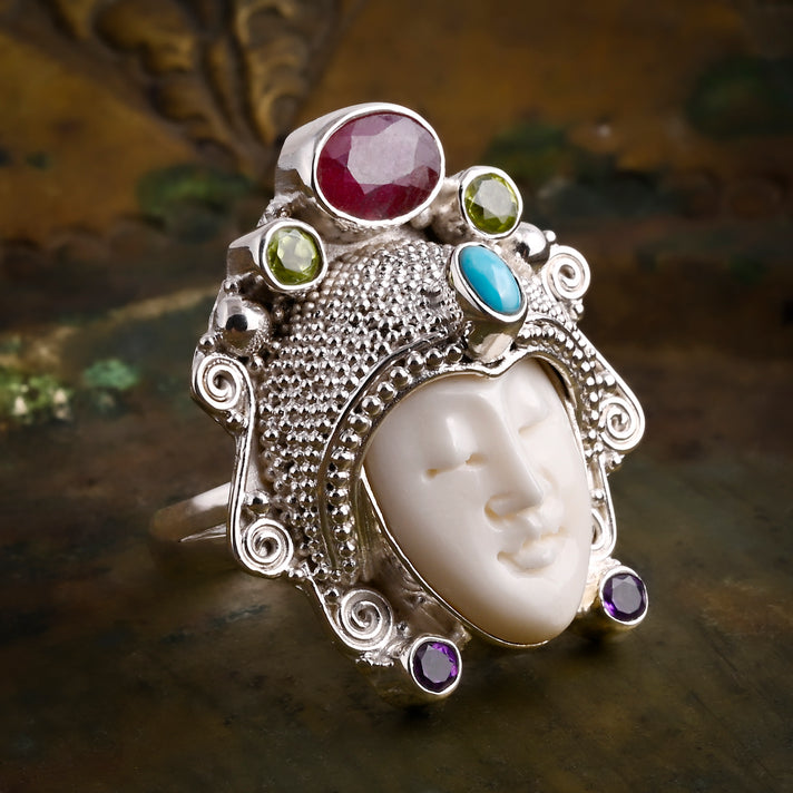 Royal Bali Collection - Ox Bone &amp; Multi Gemstones Ring in Sterling Silver 8.55 Ct, Silver Wt. 12.00 Gms. 8261804 2