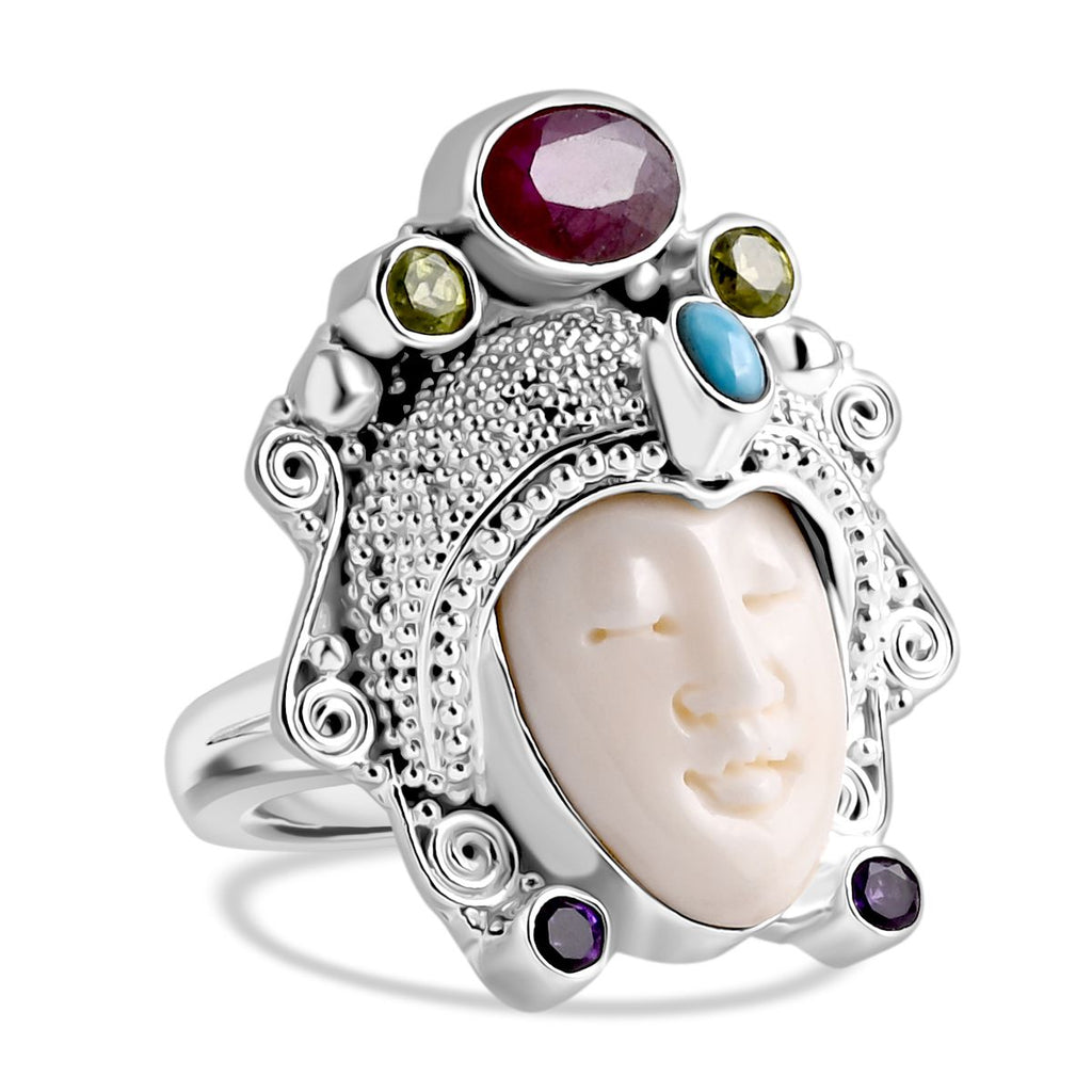 Royal Bali Collection - Ox Bone & Multi Gemstones Ring in Sterling Silver 8.55 Ct, Silver Wt. 12.00 Gms._8261808