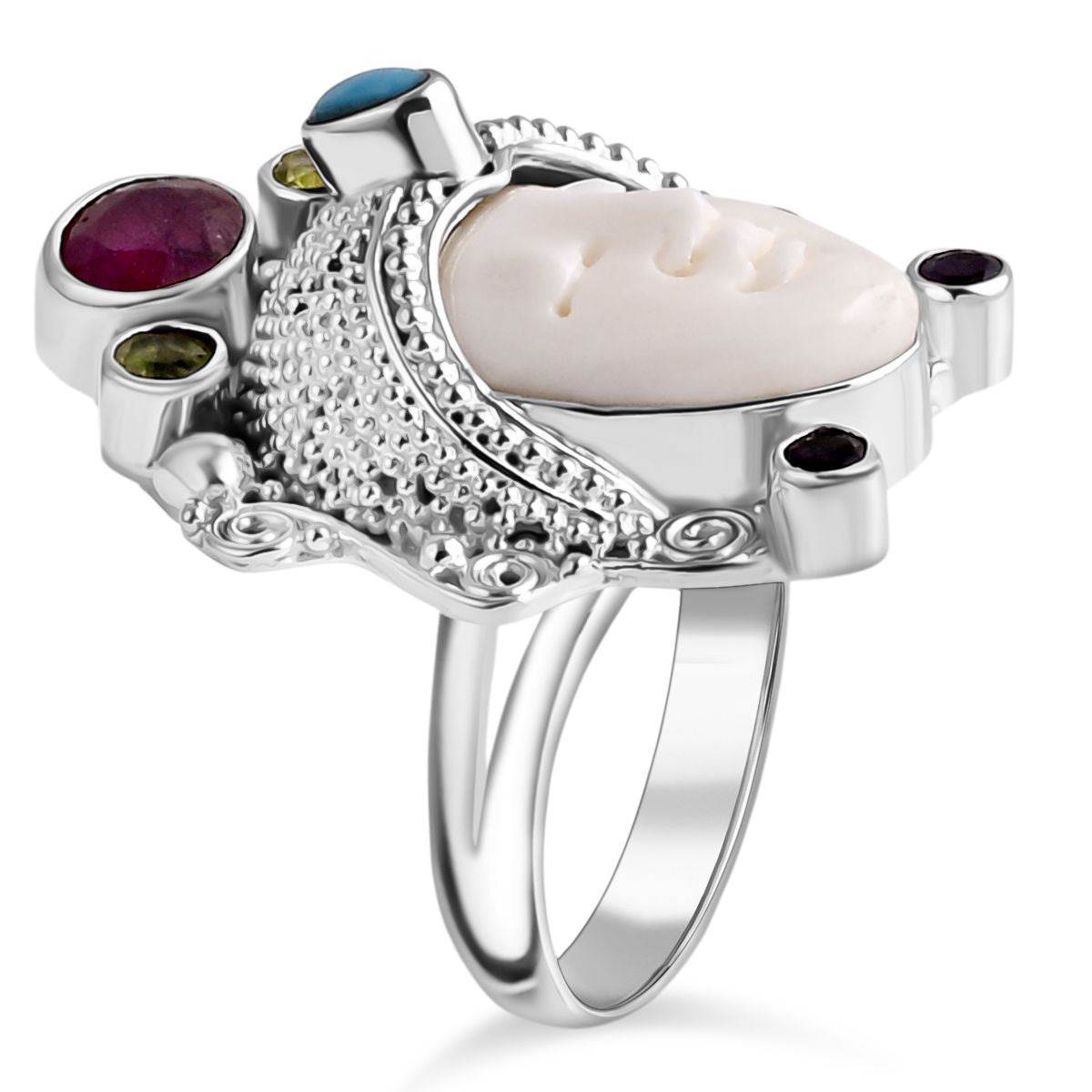 Royal Bali Collection - Ox Bone &amp; Multi Gemstones Ring in Sterling Silver 8.55 Ct, Silver Wt. 12.00 Gms. V32526233 3