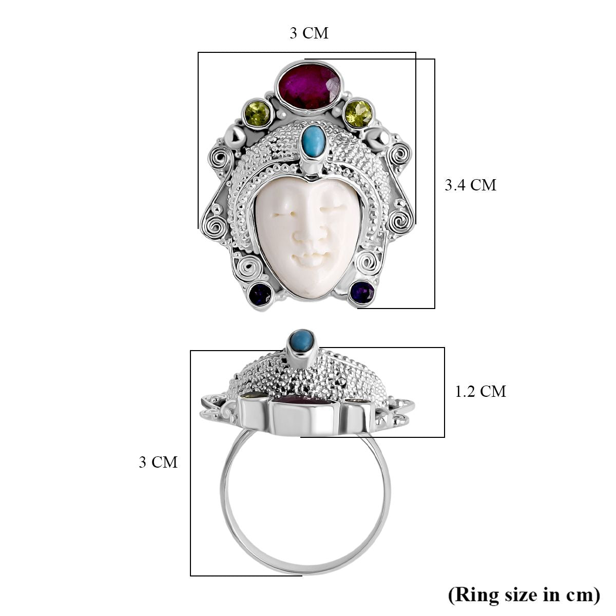 Royal Bali Collection - Ox Bone &amp; Multi Gemstones Ring in Sterling Silver 8.55 Ct, Silver Wt. 12.00 Gms. V32526233 5