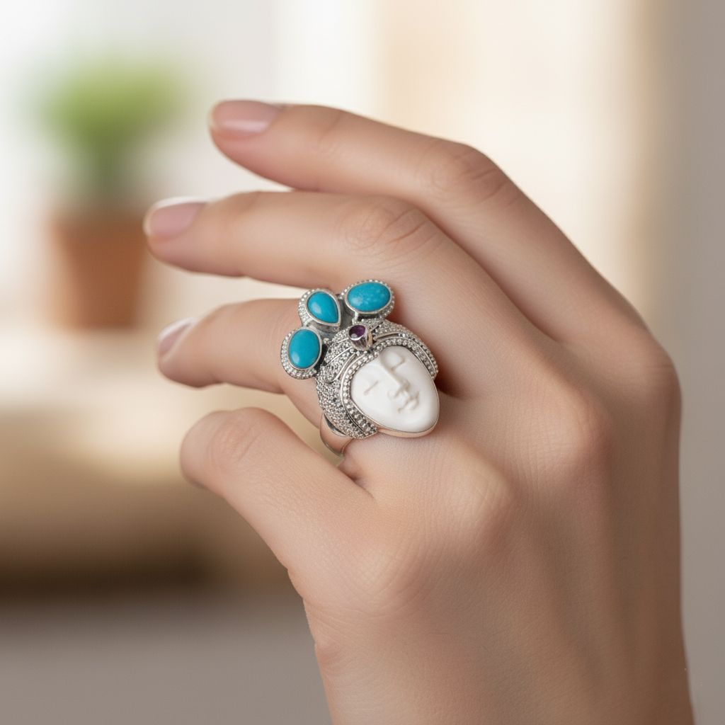 Royal Princess Bali Collection - Ox Bone, Fissure Filled Ruby & Turquoise Ring in Sterling Silver 8.27 Ct, Silver Wt. 11.00 Gms_8261874_2