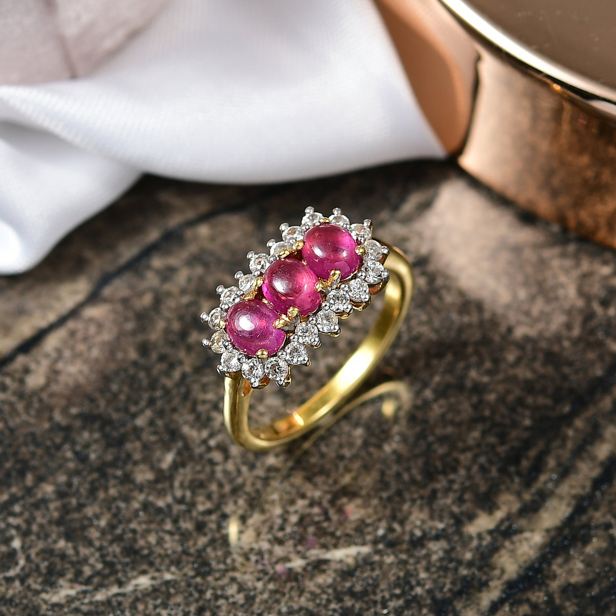 D'Joy Cabo Delgado Ruby &amp; White Zircon 3 Stone Halo Ring in Yellow Gold Plated Sterling Silver 2.49 Ct. 8261963 2