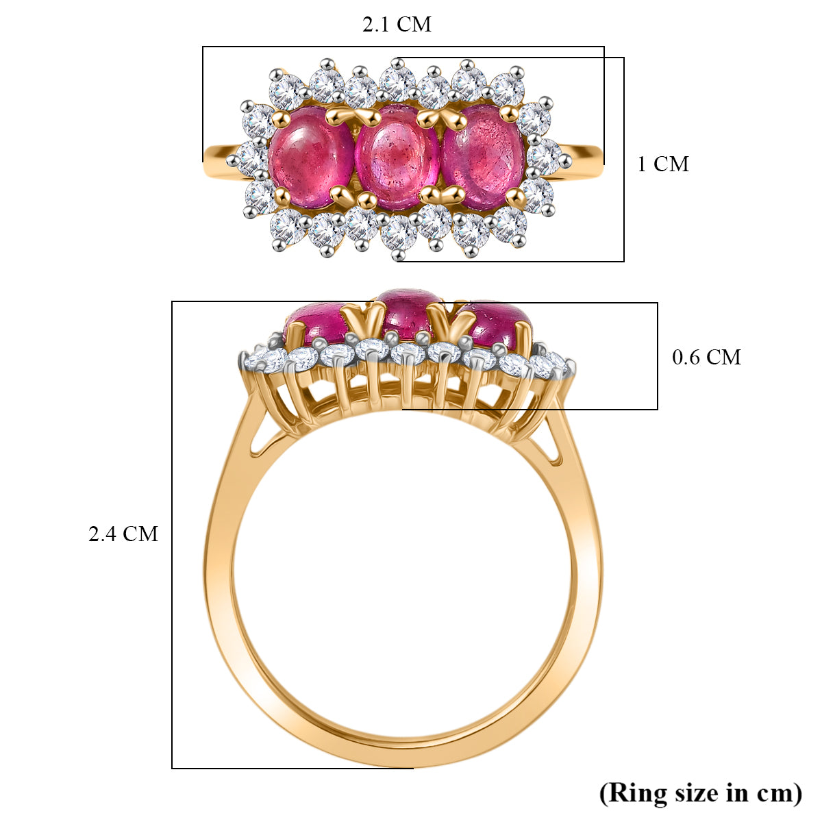 D'Joy Cabo Delgado Ruby &amp; White Zircon 3 Stone Halo Ring in Yellow Gold Plated Sterling Silver 2.49 Ct. 8261963 6