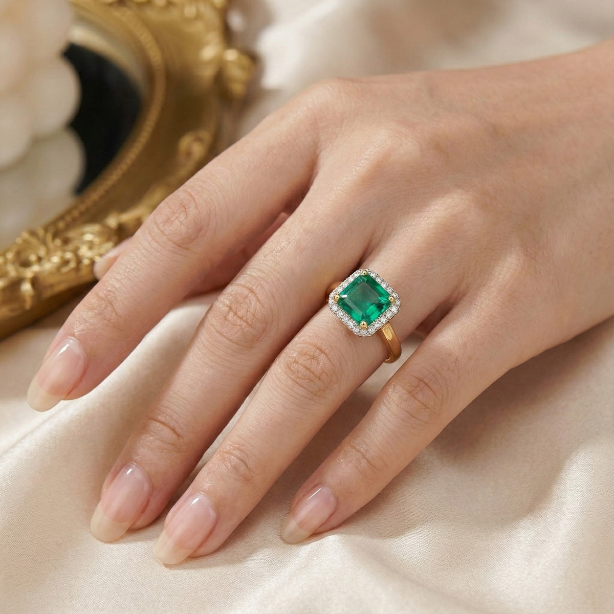 LUXURIANT Lab Grown Colombian Emerald, Lab Grown Diamond Halo Ring in 18K Vermeil Yellow Gold Over Sterling Silver 1.64 Ct. (SI-GH) 8264610 1