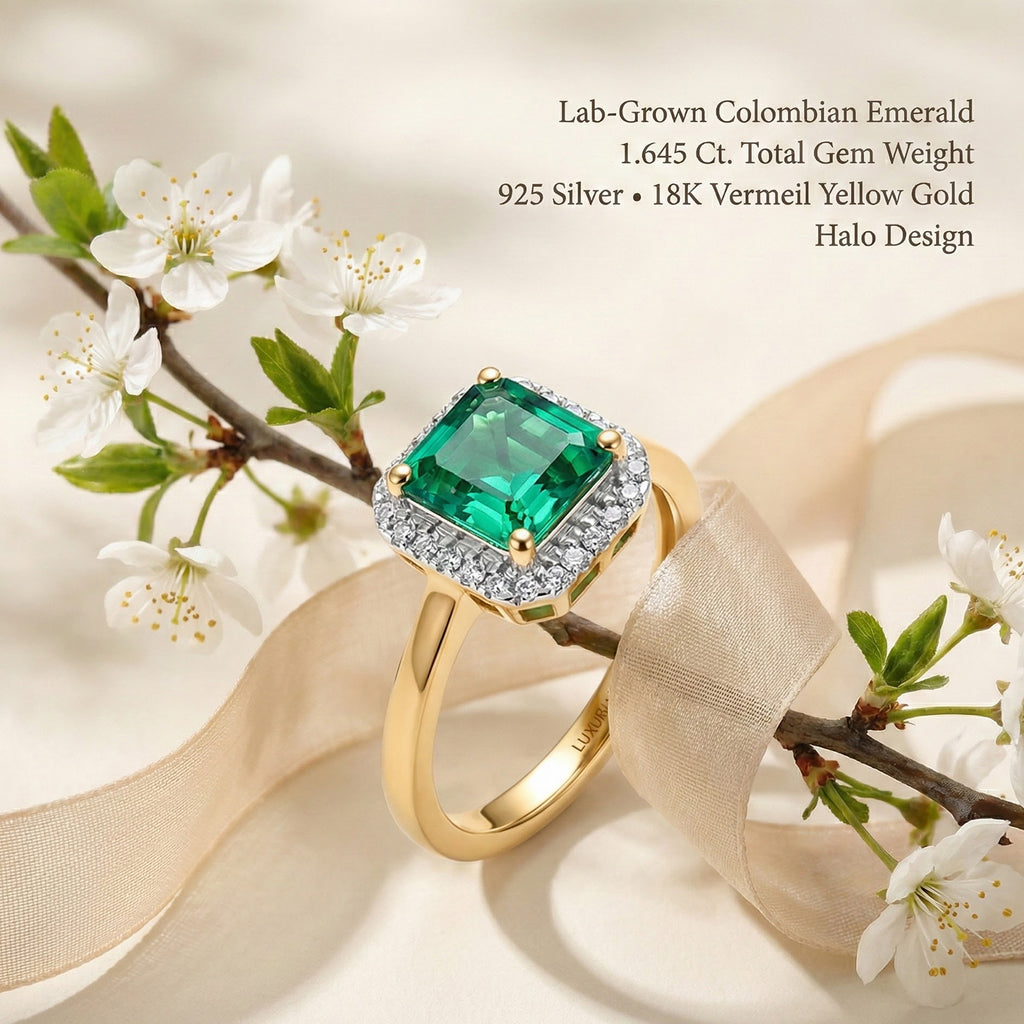 Luxuriant Lab Grown Columbian Emerald & Lab Grown Diamond (SI/GH) Ring in 18K Vermeil Yellow Gold Plated Sterling Silver 1.64 Ct._8264610_4
