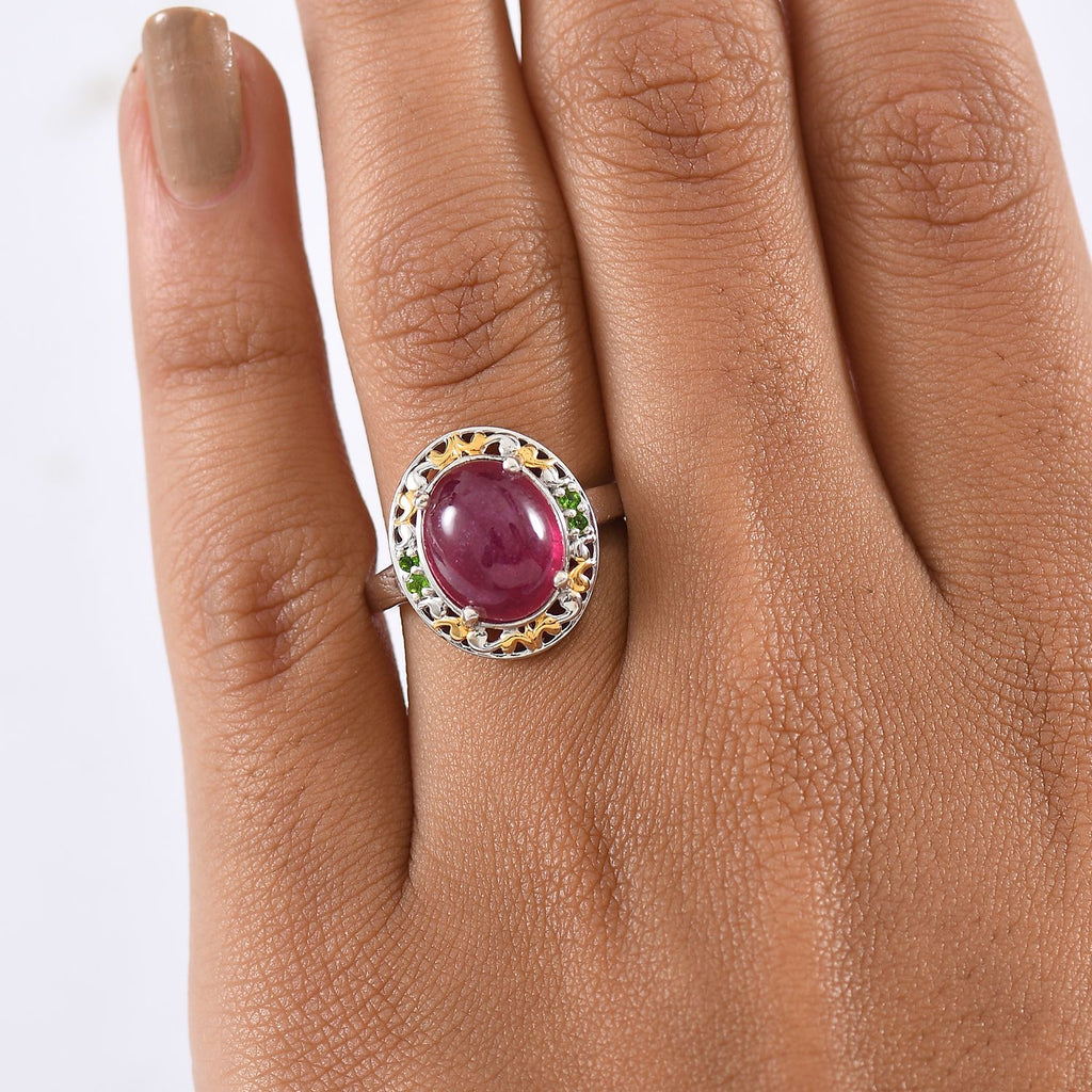 D'Joy African Ruby & Natural Chrome Diopside Ring in 18K Vermail Yellow Gold Plated & Rhodium Overlay Sterling Silver 6.32 Ct._8265112_2