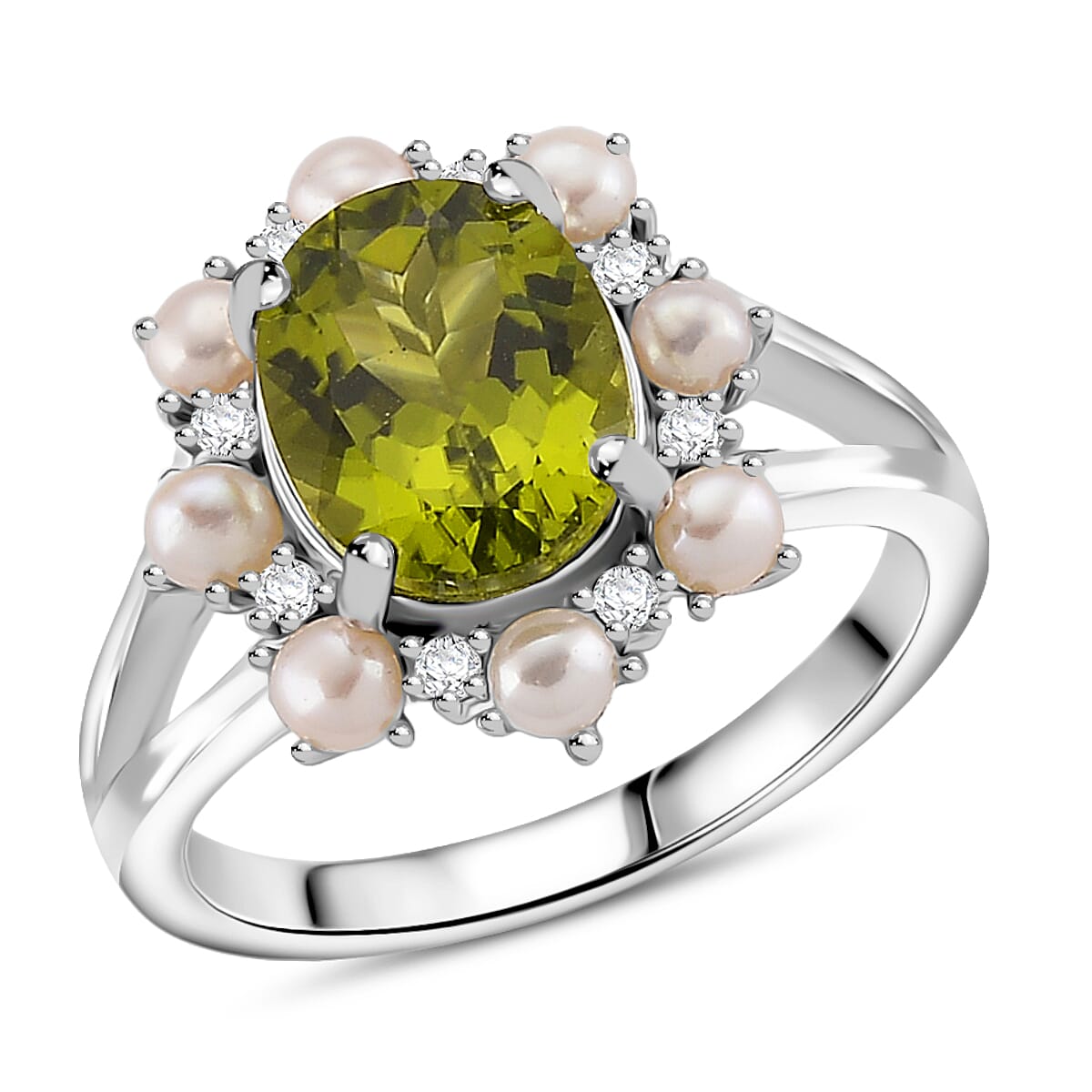 D'Joy Peridot, White Pearl &amp; Moissanite Ring in Rhodium Overlay Sterling Silver 3.90 Ct. V32621434 0