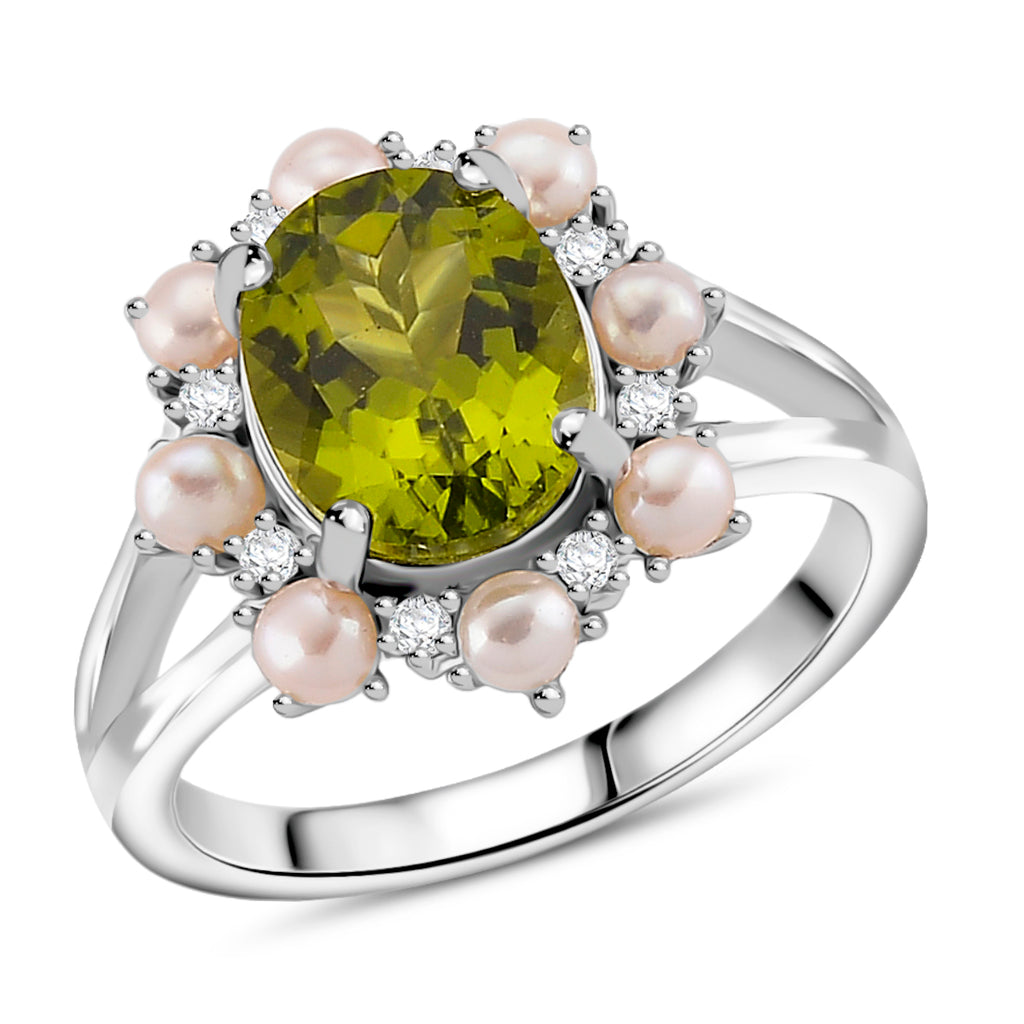 D'Joy Peridot, White Pearl & Moissanite Ring in Rhodium Overlay Sterling Silver 3.90 Ct._8265481