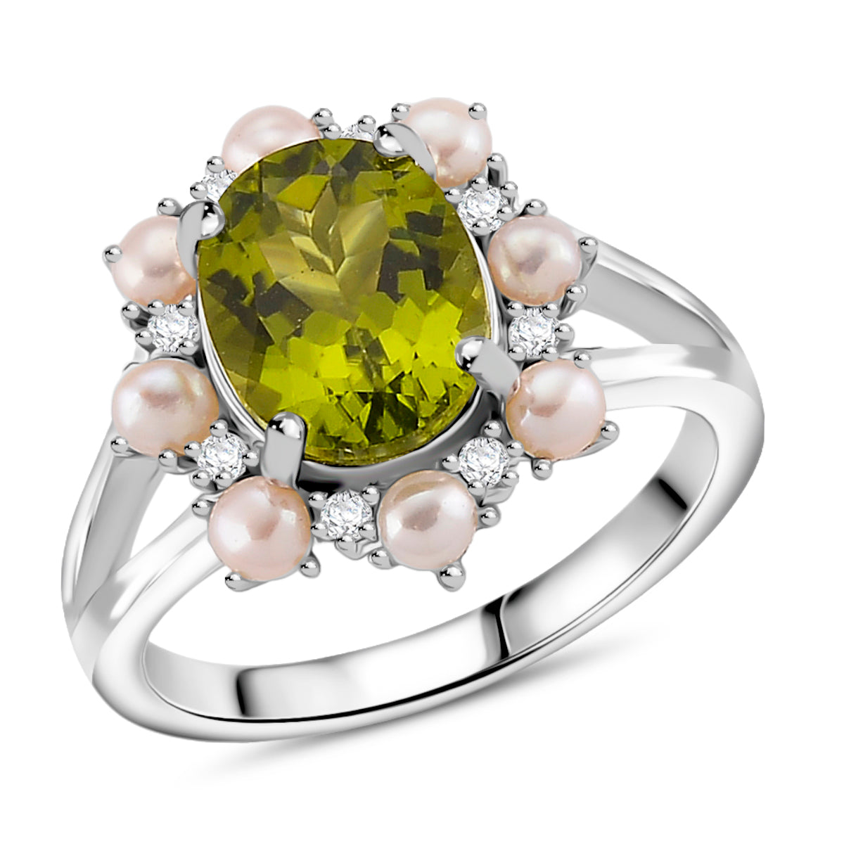 D'Joy Peridot, White Pearl &amp; Moissanite Ring in Rhodium Overlay Sterling Silver 3.90 Ct. V32520131 0
