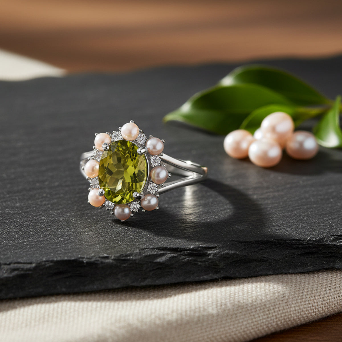 D'Joy Peridot, White Pearl &amp; Moissanite Ring in Rhodium Overlay Sterling Silver 3.90 Ct. V32520131 2