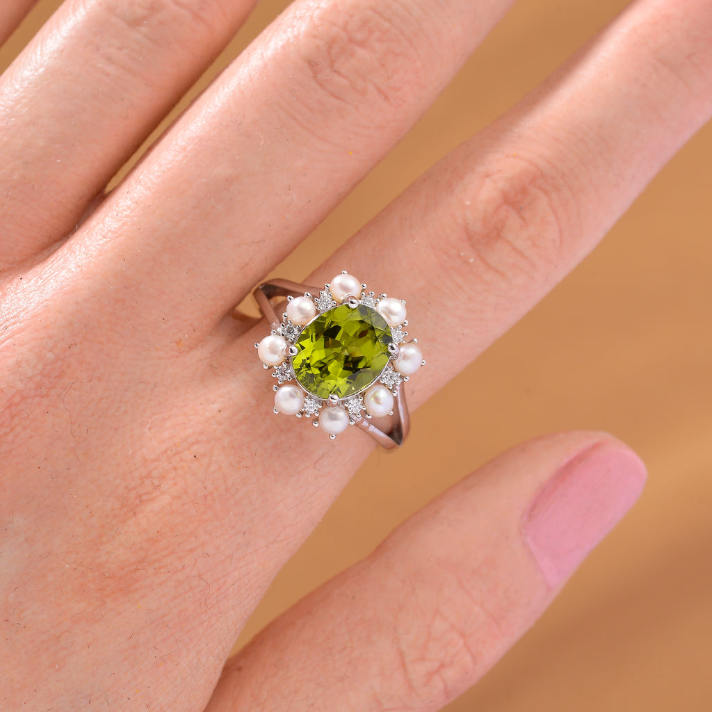 D'Joy Peridot, White Pearl & Moissanite Ring in Rhodium Overlay Sterling Silver 3.90 Ct._8265481_2