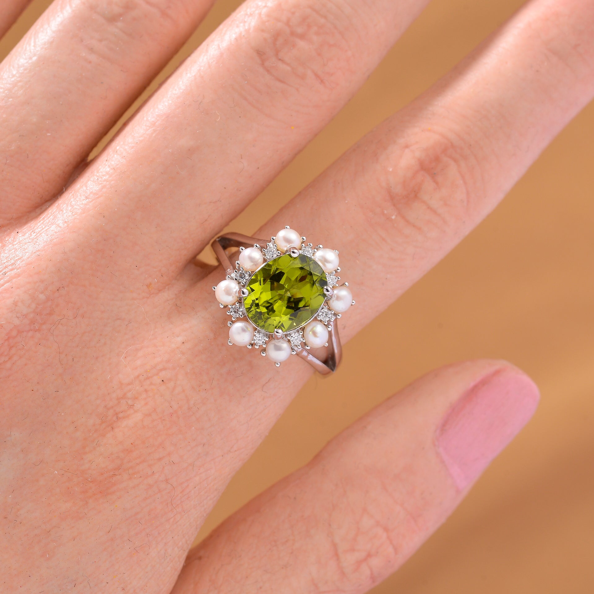 D'Joy Peridot, White Pearl &amp; Moissanite Halo Ring in Rhodium Overlay Sterling Silver 3.90 Ct. V32529881 3