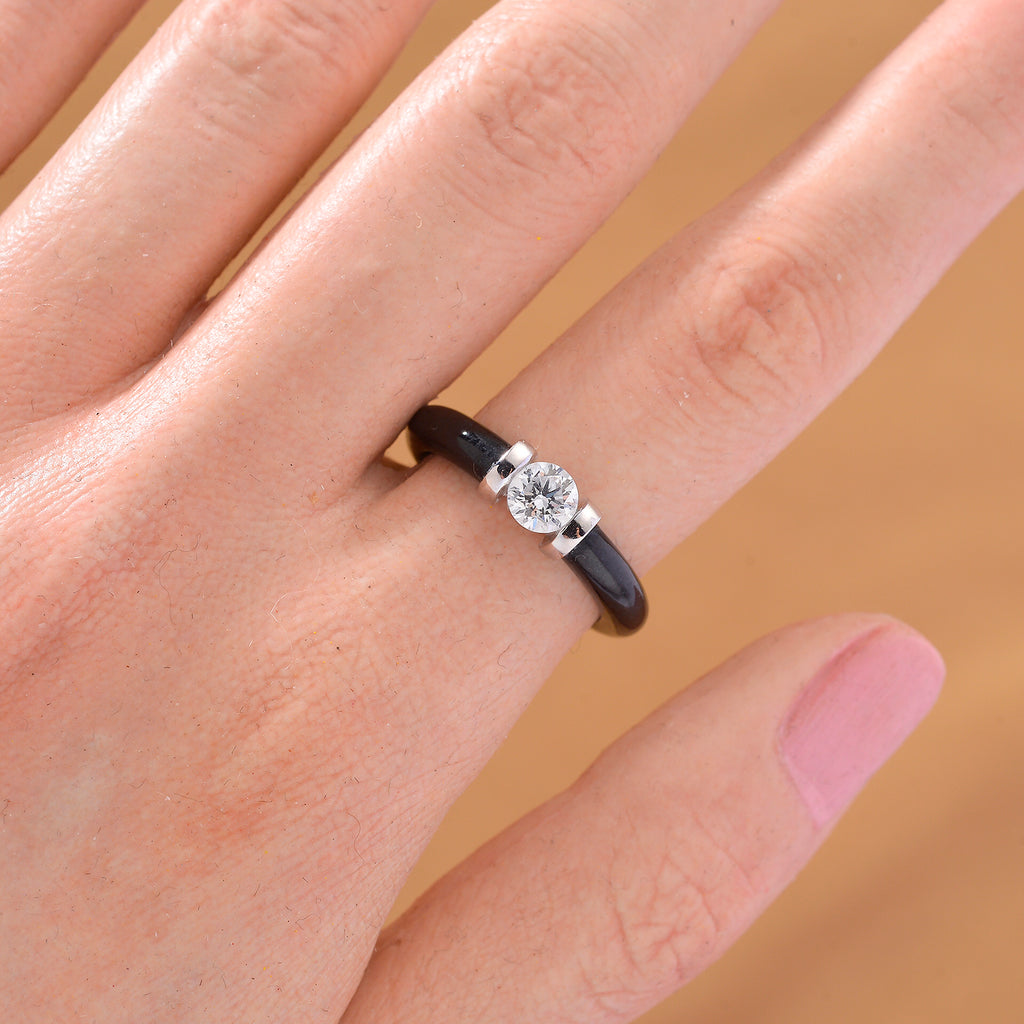 D'Joy - Lab Grown Diamond (SI/G-H) & Dyed Black Jade Solitaire Band Ring in Rhodium Overlay Sterling Silver 13.90 Ct._8265511_2