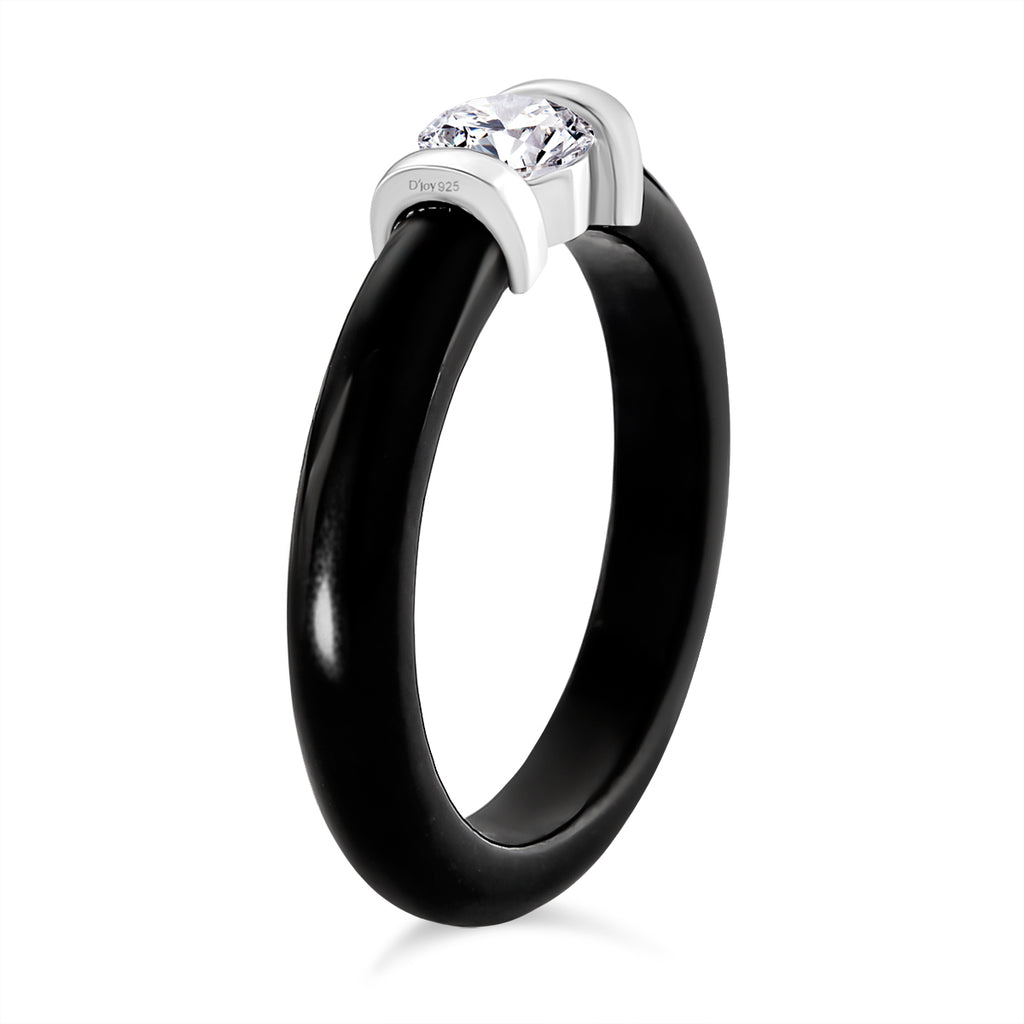D'Joy - Lab Grown Diamond (SI/G-H) & Dyed Black Jade Solitaire Band Ring in Rhodium Overlay Sterling Silver 13.90 Ct._8265511_3