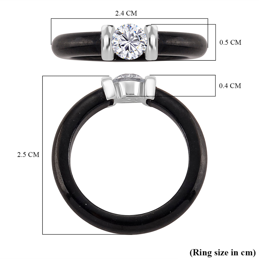D'Joy - Lab Grown Diamond (SI/G-H) & Dyed Black Jade Solitaire Band Ring in Rhodium Overlay Sterling Silver 13.90 Ct._8265511_5