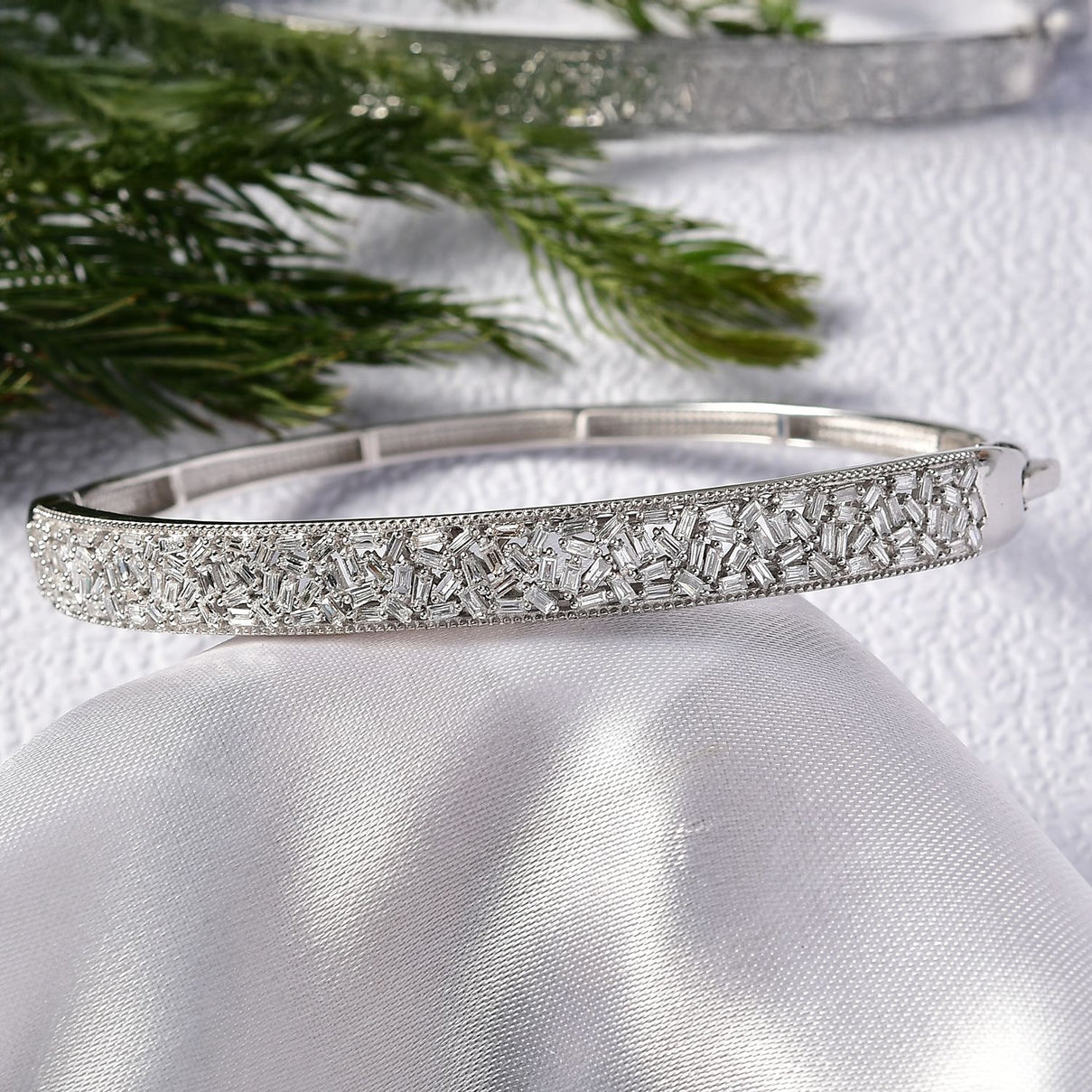 LUXURIANT 1.8 Ct. Lab Grown Diamond Firecracker Openable Bangle in Rhodium Overlay Sterling Silver (SI-GH) 8265536 2