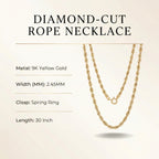 Royal Bali Collection - 9K Yellow Gold Diamond Cut Rope Necklace (Size 30), Gold Wt. 4.30 Gms_8265567_7