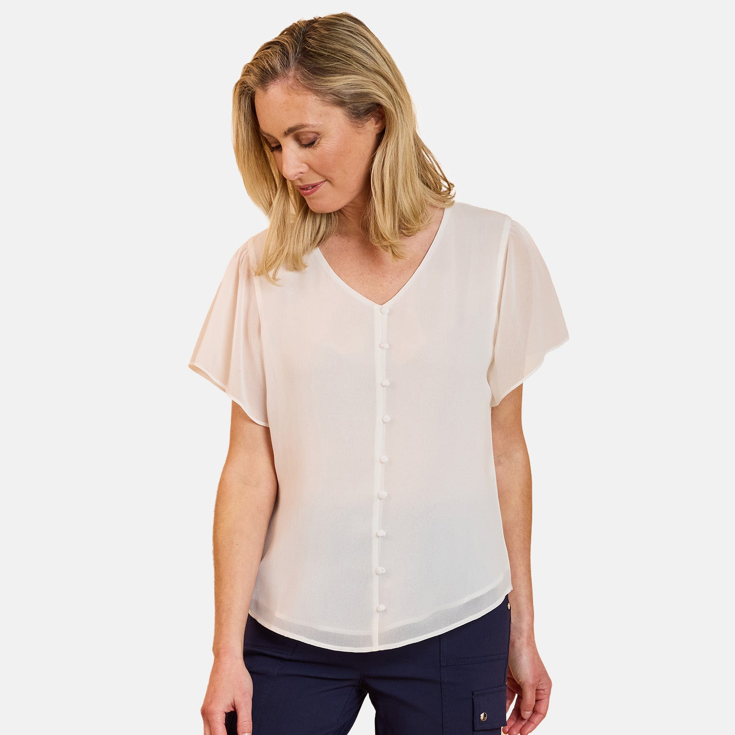 Emreco Short Sleeve V-neck Button Front Blouse (Size 12) - Ivory 8265686 0