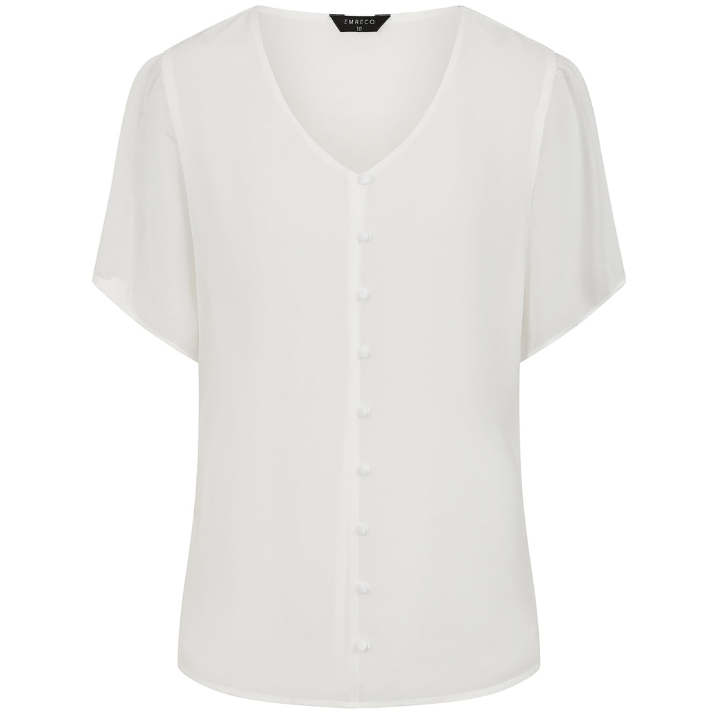 Emreco Short Sleeve V-neck Button Front Blouse (Size 12) - Ivory_8265686_1