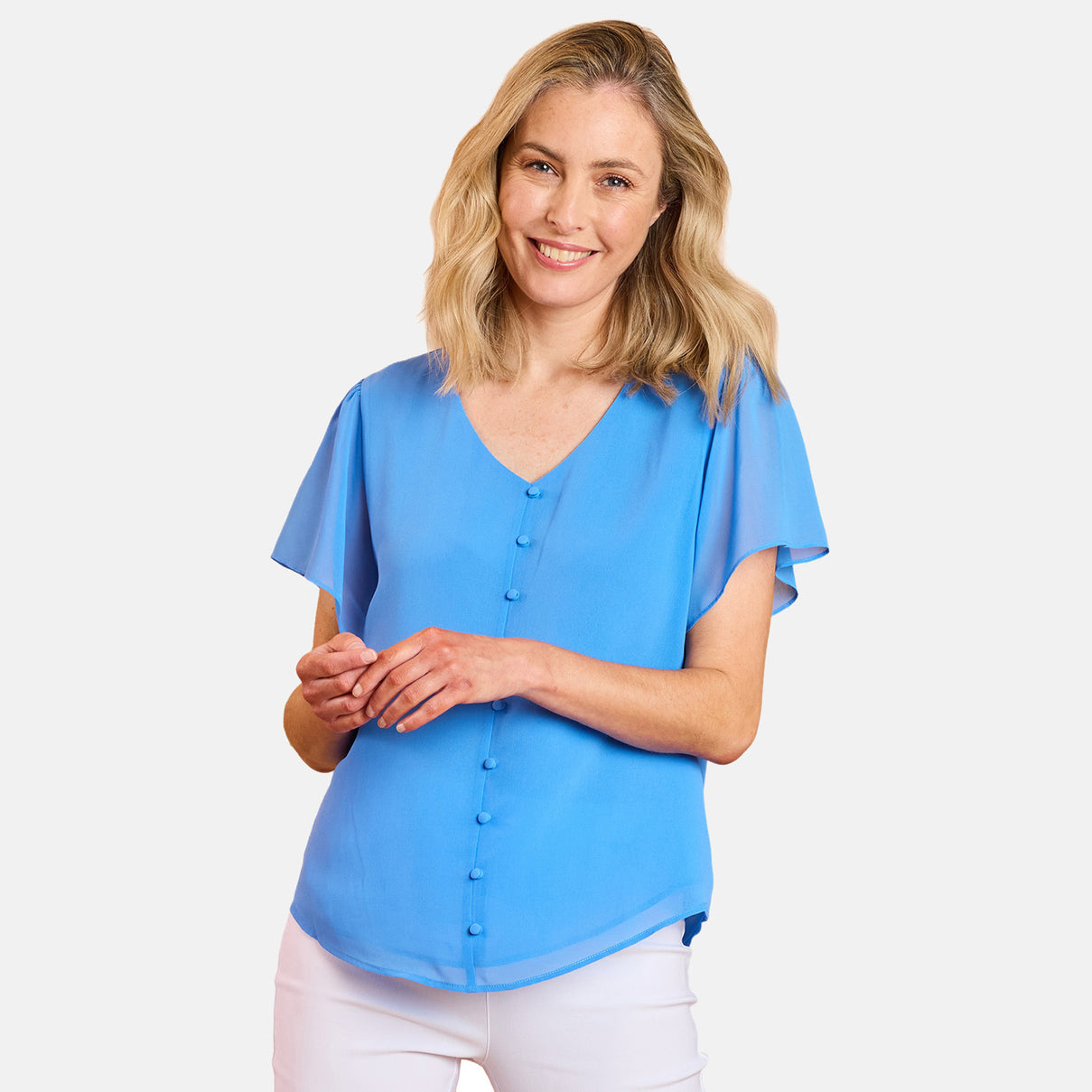 Emreco Short Sleeve V-neck Button Front Blouse (Size 10) - Blue V32532806 0
