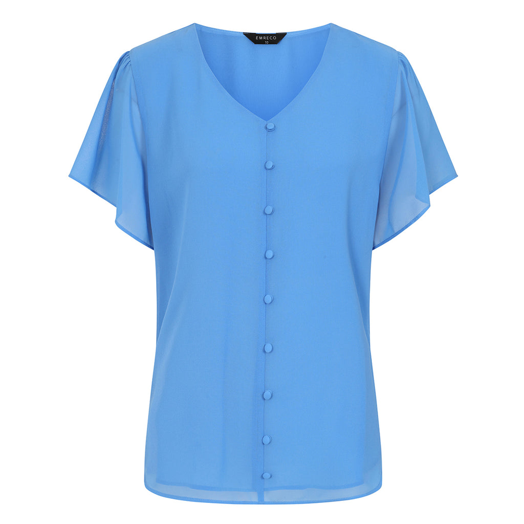 Emreco Short Sleeve V-neck Button Front Blouse (Size 10) - Blue_8265699_1