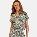 Emreco Spun Viscose Aztec Printed Short Sleeve Collared Blouse (Size 12) - Khakhi & Ivory_8265748