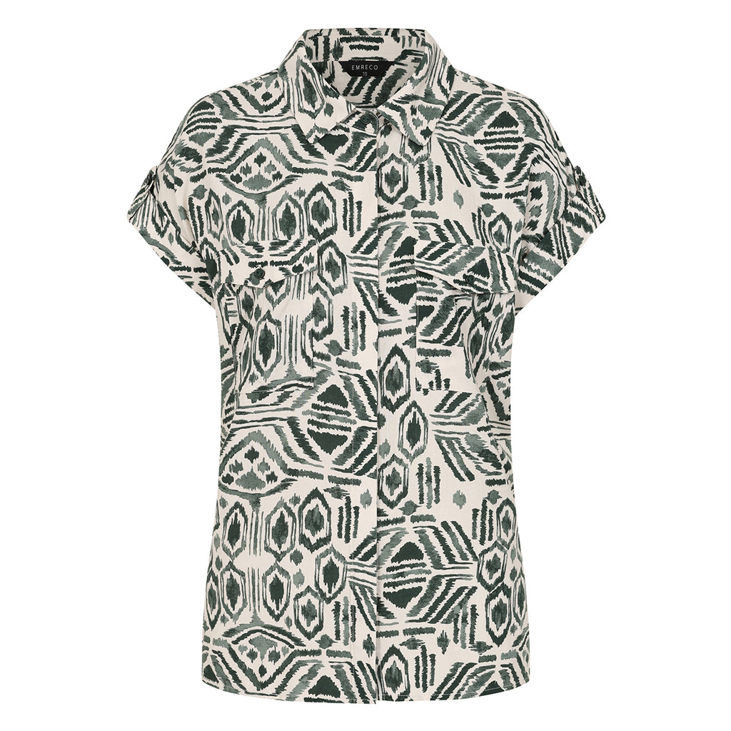 Emreco Spun Viscose Aztec Printed Short Sleeve Collared Blouse (Size 12) - Khakhi & Ivory_8265748_1