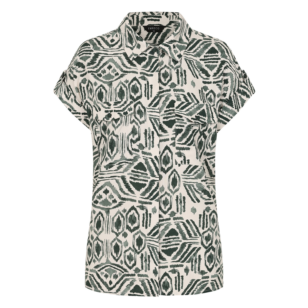 Emreco Spun Viscose Aztec Printed Short Sleeve Collared Blouse (Size 12) - Khakhi &amp; Ivory 8265748 1