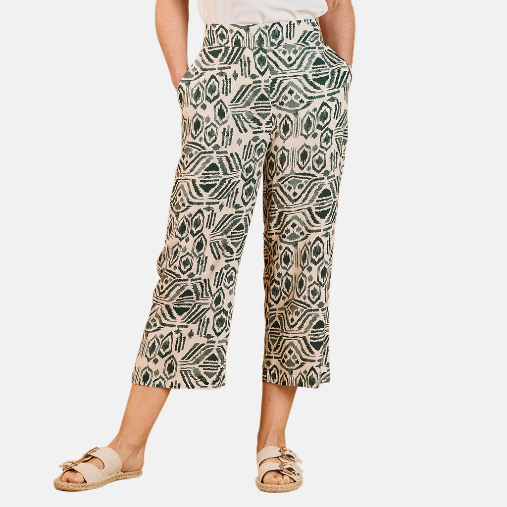 Emreco Spun Viscose Elastic Waist Aztec Crop Trousers (Size 14) - Khaki & Ivory_8265765