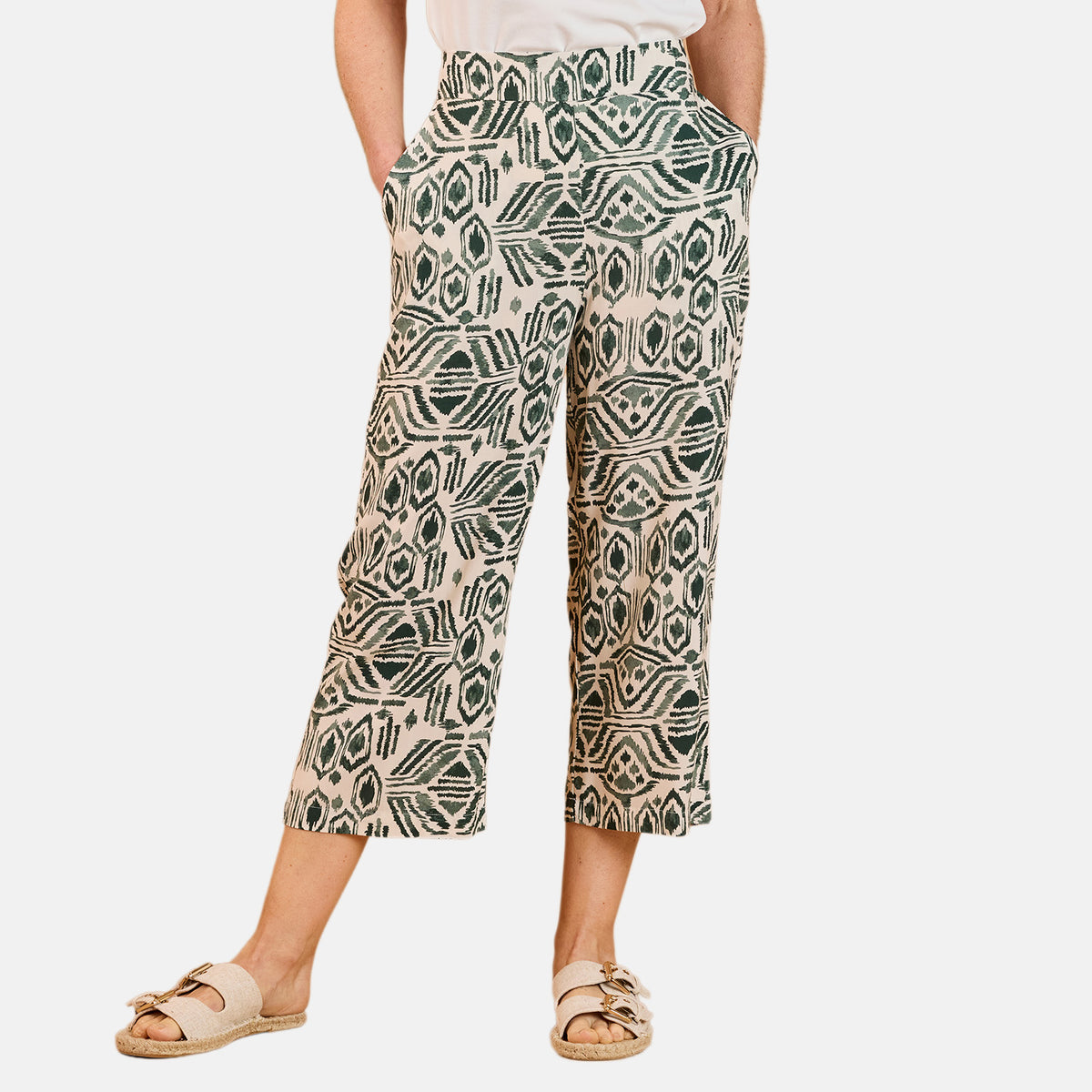 Emreco Spun Viscose Elastic Waist Aztec Crop Trousers (Size 14) - Khaki &amp; Ivory V32555635 0