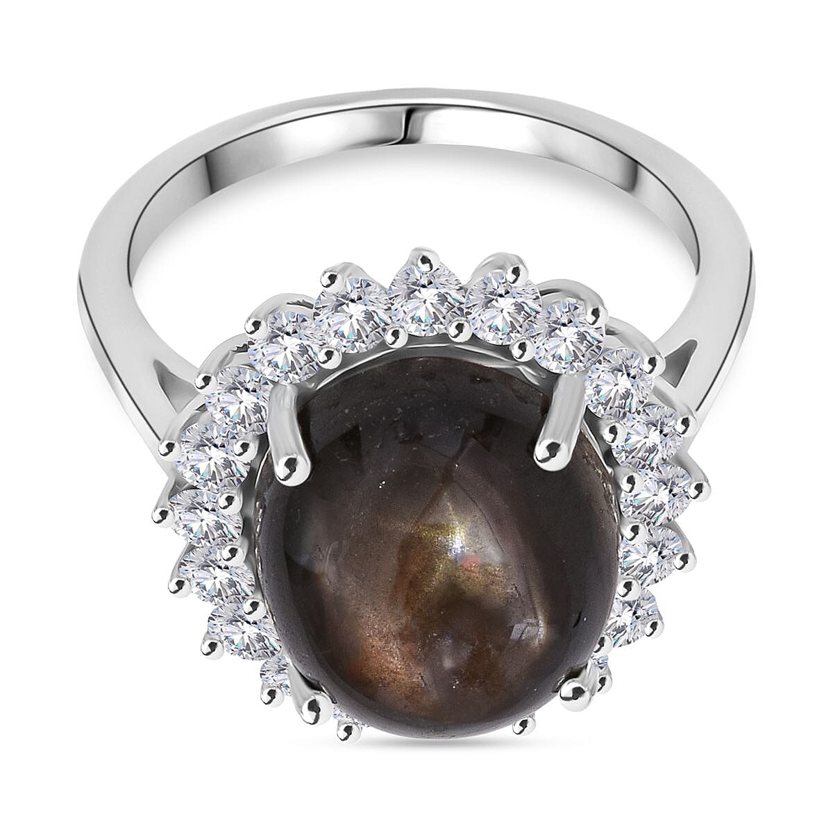 D'Joy Black Star Sapphire, Moissanite Halo Ring in Rhodium Overlay Sterling Silver 11.620 Ct. V32524133 0