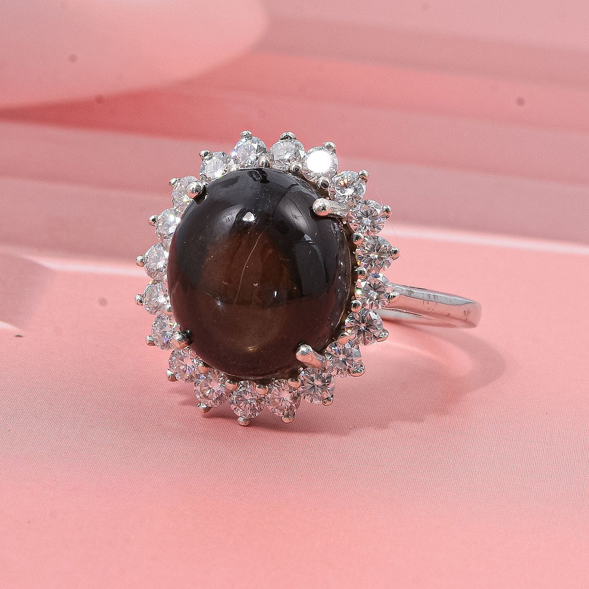D'Joy Black Star Sapphire, Moissanite Halo Ring in Rhodium Overlay Sterling Silver 11.620 Ct. V32524133 1