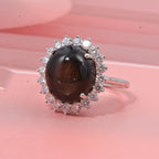 D'Joy Chantaburi Black Star Sapphire & Moissanite Cabochon Halo Ring in Rhodium Overlay Sterling Silver 11.98 Ct._8266343_1
