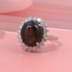 D'Joy Chantaburi Black Star Sapphire & Moissanite Cabochon Halo Ring in Rhodium Overlay Sterling Silver 11.98 Ct._8266344_1