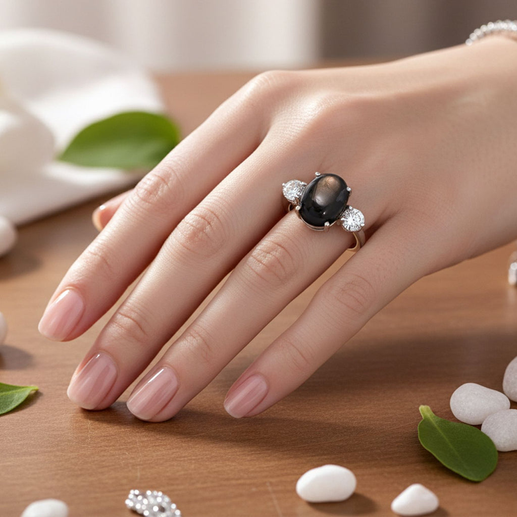 Chantaburi AAAA Black Star Sapphire & Moissanite Ring in Rhodium Overlay Sterling Silver 9.90 Ct._8266354_2