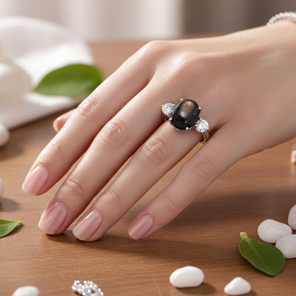 D'JOY 9.9 Ct. AAAA Chantaburi Black Star Sapphire, Moissanite Solitaire Ring in Rhodium Overlay Sterling Silver V32612577 2