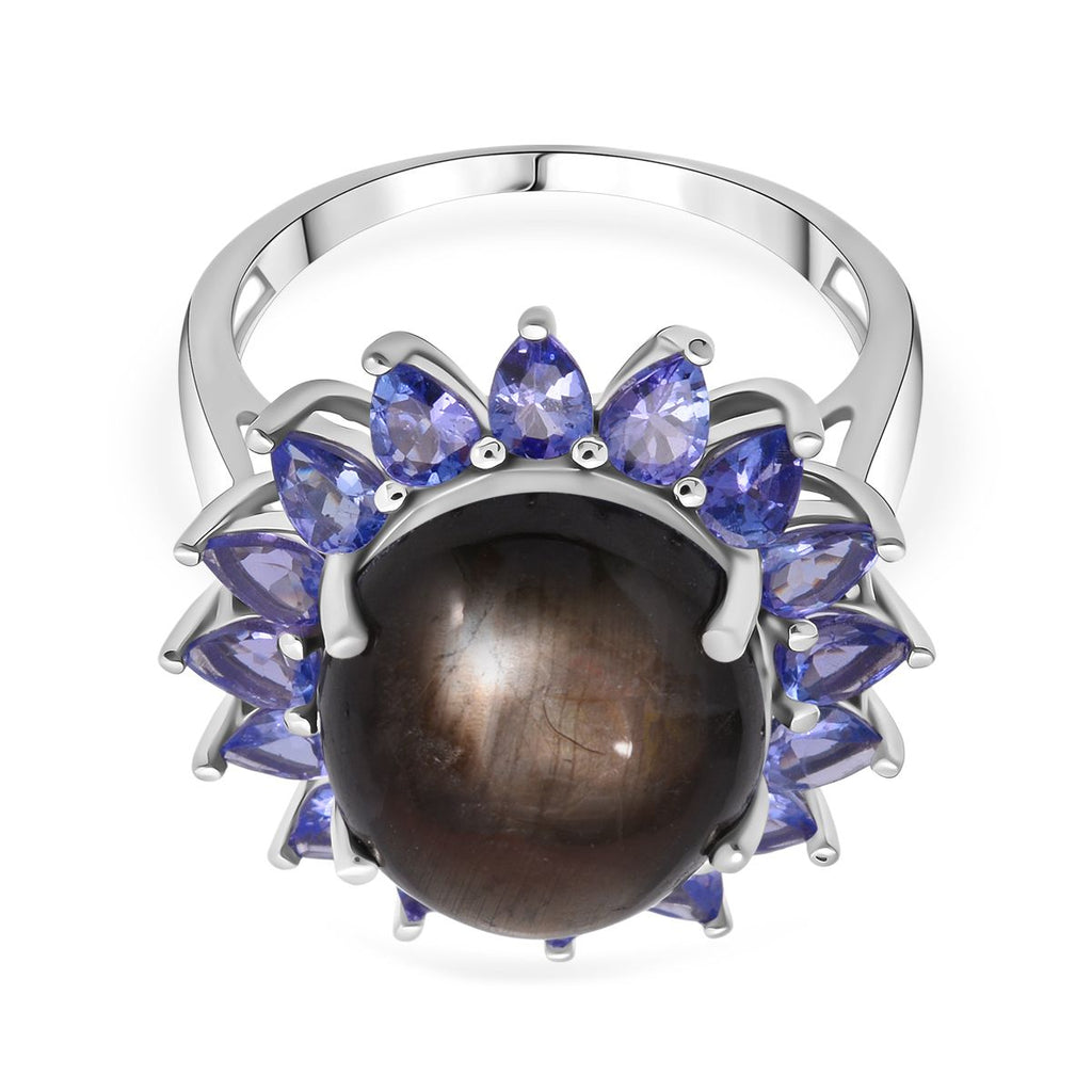 D'Joy Chantaburi Black Star Sapphire & Tanzanite Ring in Rhodium Overlay Sterling Silver 17.66 Ct._8266390