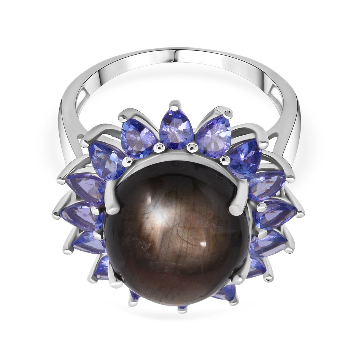 D'Joy Chantaburi Black Star Sapphire, Tanzanite Halo Ring in Rhodium Overlay Sterling Silver 17.66 Ct. V32520204 0
